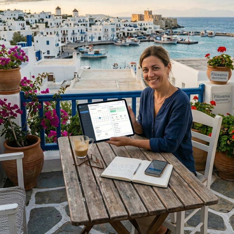 Ιδιοκτήτρια καταλύματος με tablet απέναντι από ελληνικό λιμάνι